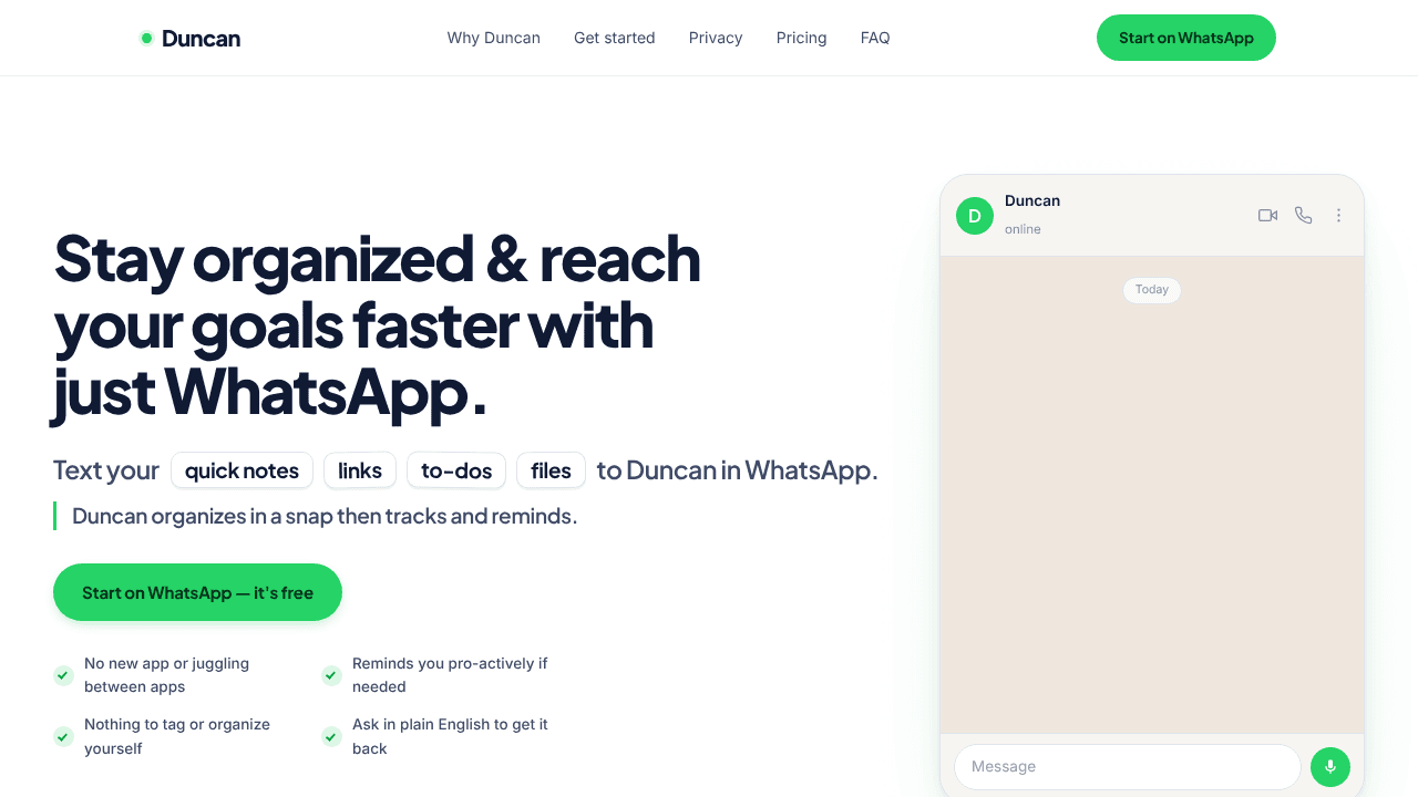 Duncan — your WhatsApp second brain.  website screenshot
