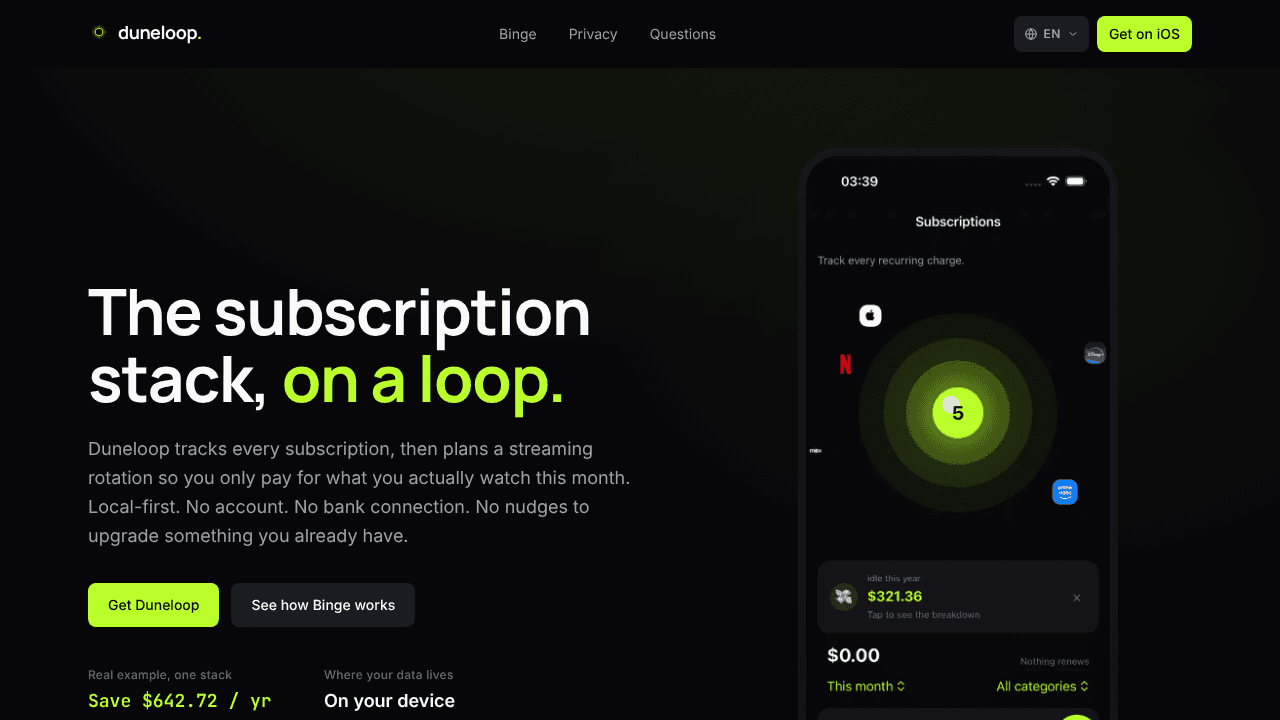 duneloop. website screenshot