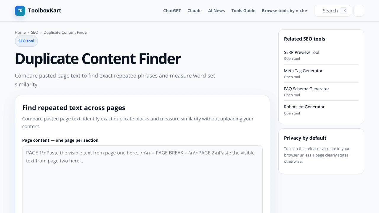Duplicate Content Finder website screenshot