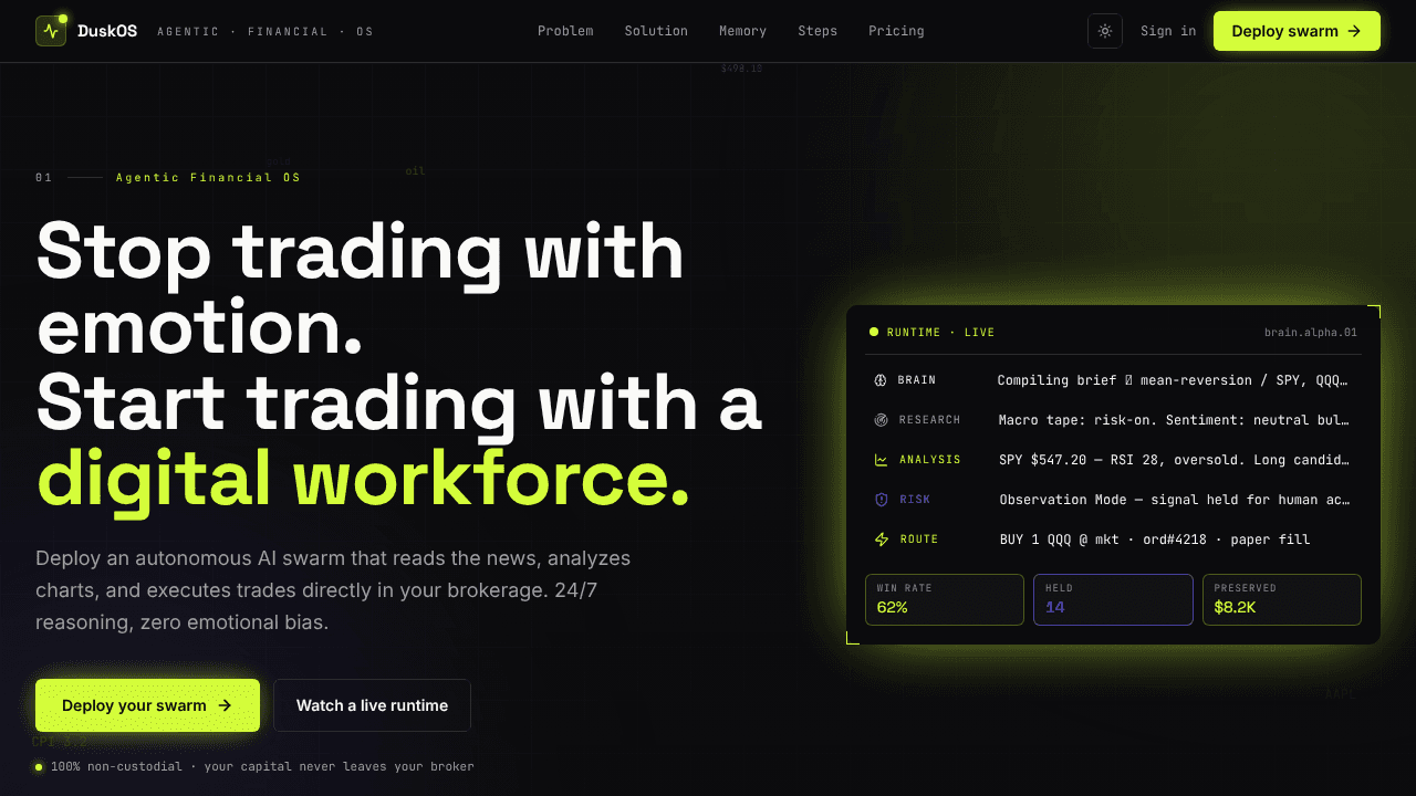 DuskOS — Your Autonomous Trading Desk website screenshot