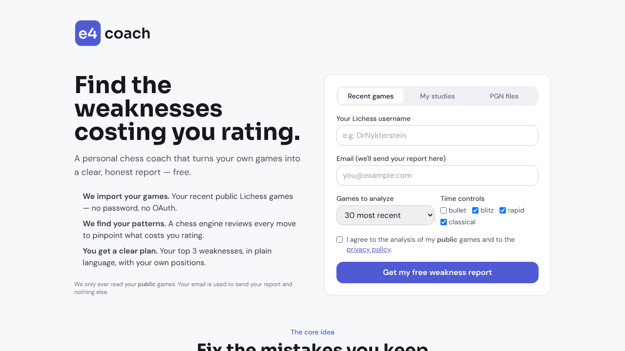e4coach — your personal chess coach website screenshot