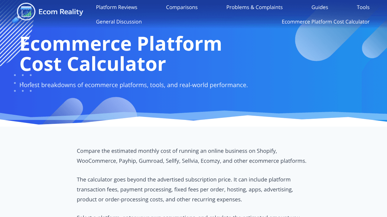 Ecom Reality Platform Cost Calculator website screenshot
