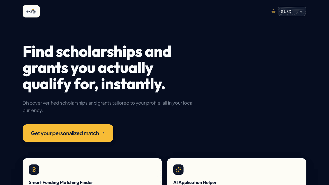 Ekata: Global scholarships for you website screenshot