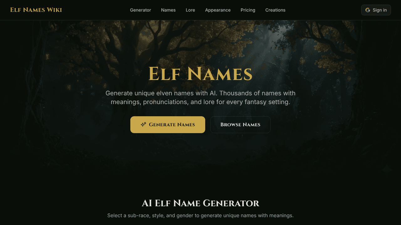 Elf Names Wiki website screenshot