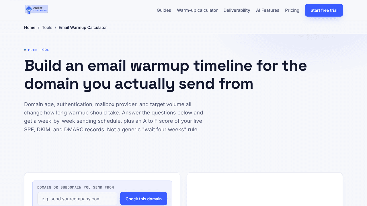Email warmup calculator website screenshot
