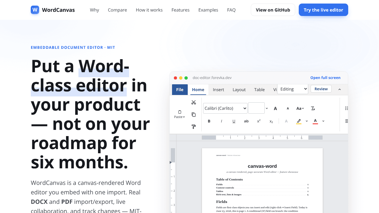 Embeddable Word-compatible editor website screenshot