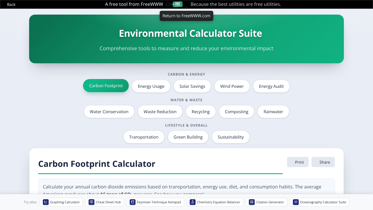 Environmental Calculator Suite website screenshot
