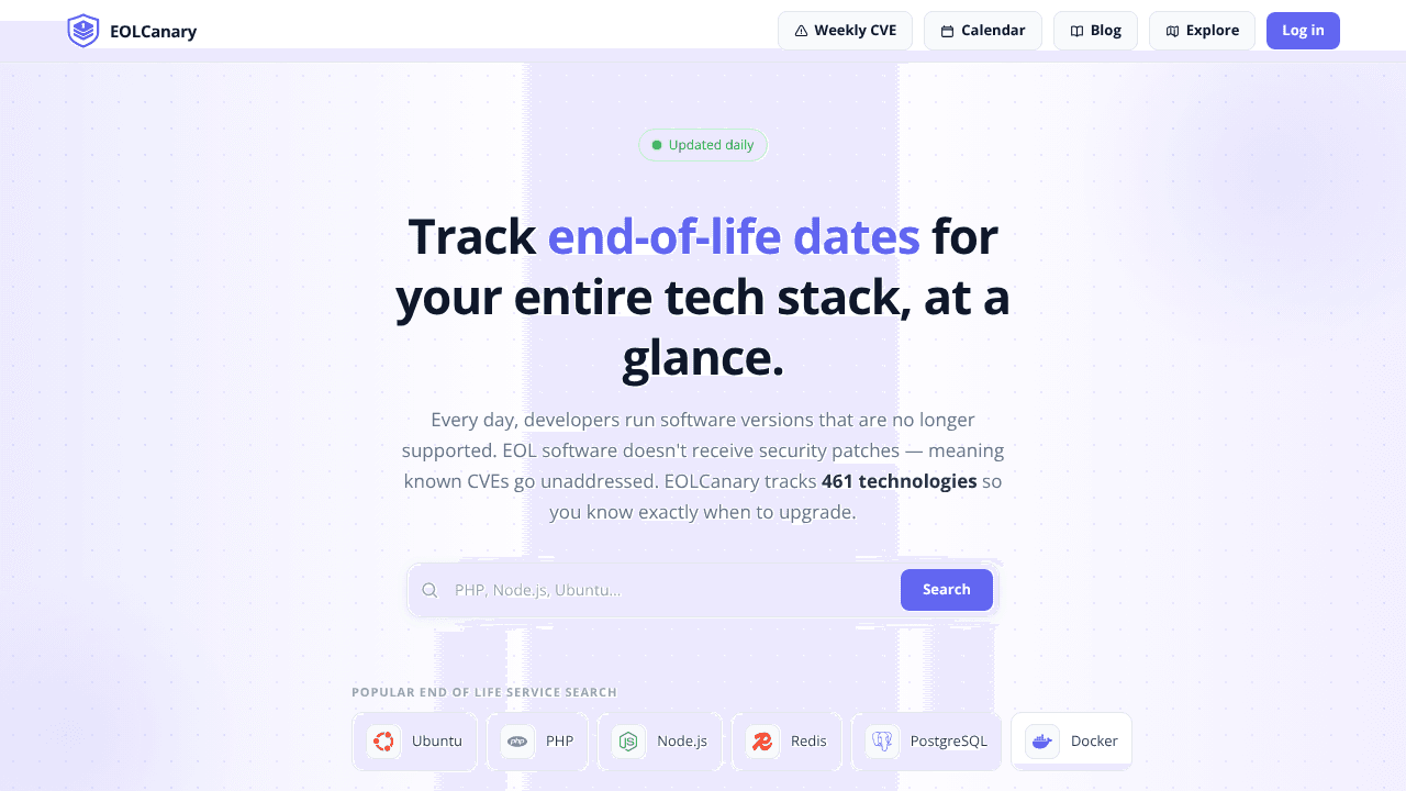 EOLCanary website screenshot