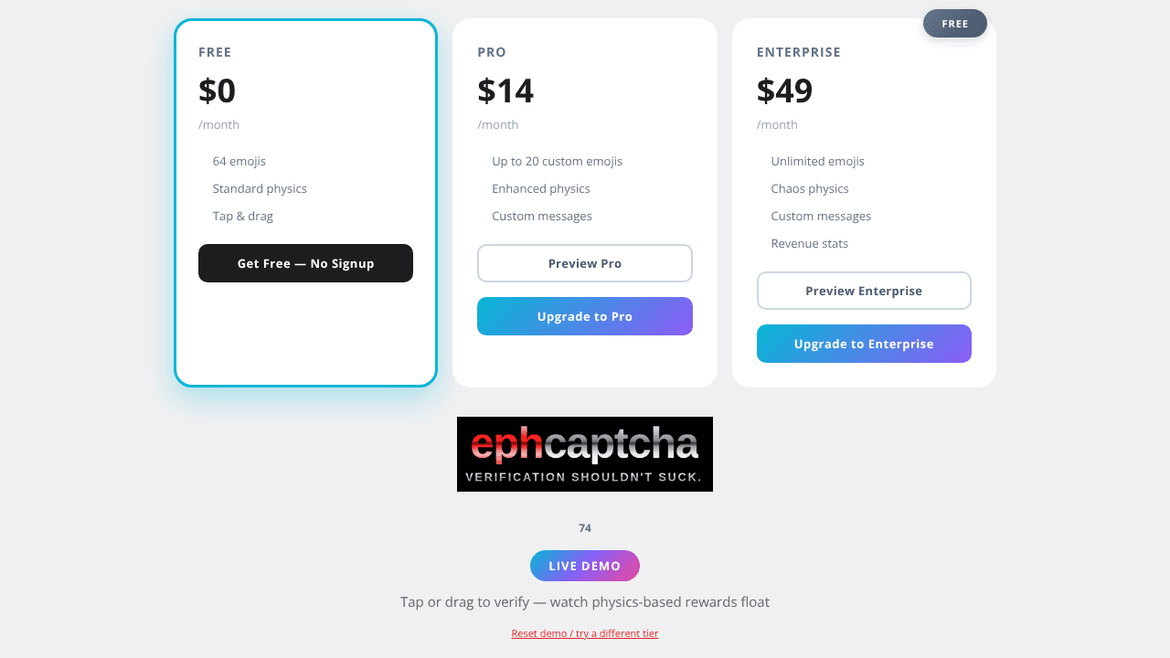 EphCaptcha website screenshot