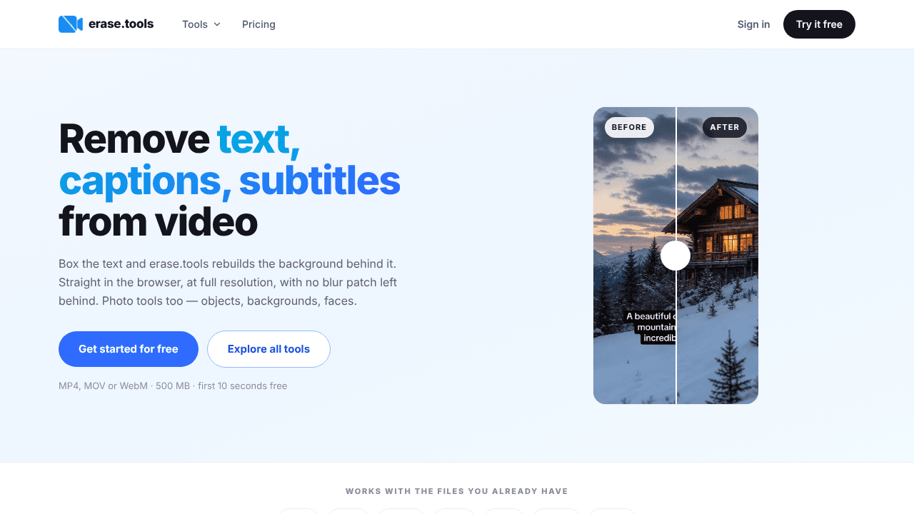 erase.tools — Remove Text From Video website screenshot