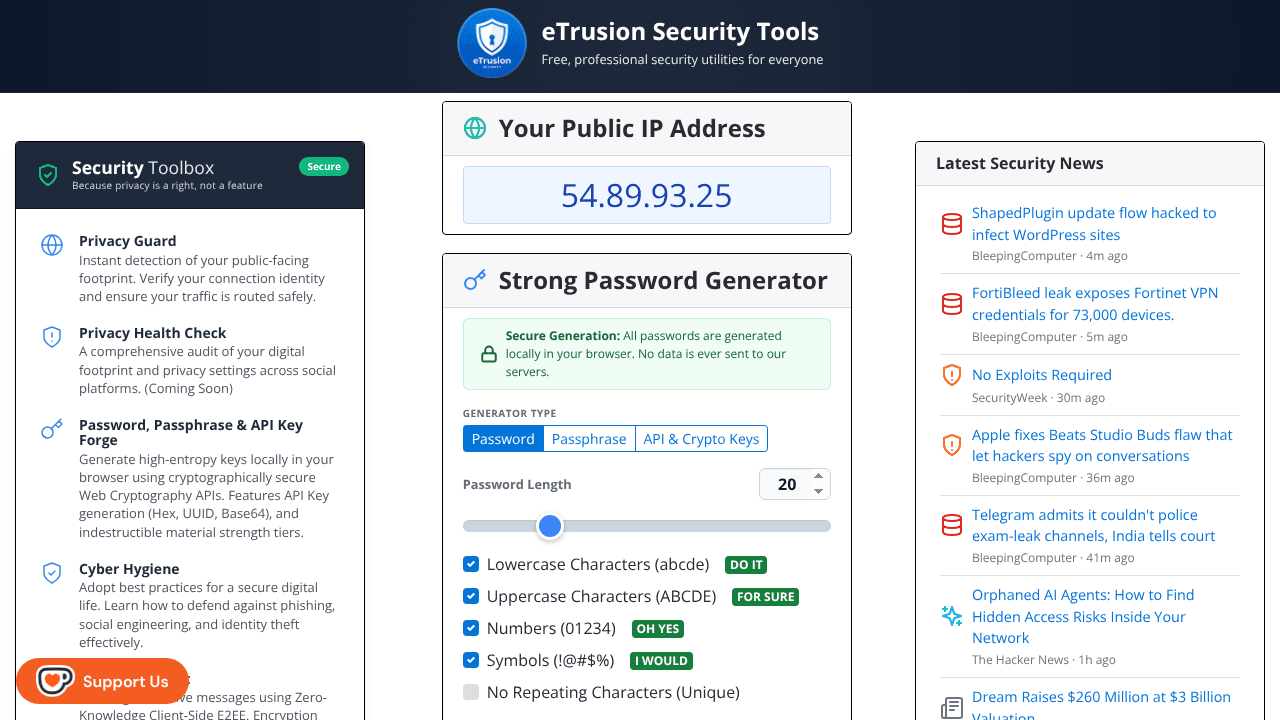 eTrusion Security Tools website screenshot