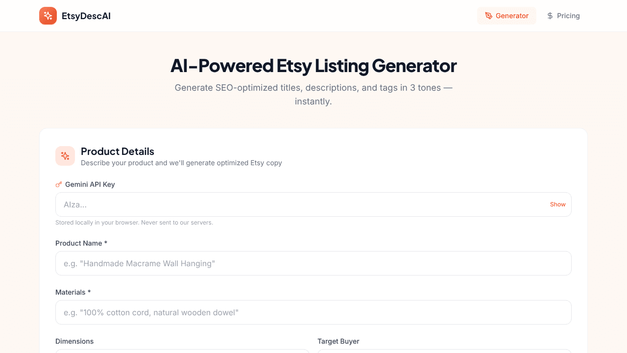 EtsyDescAI website screenshot