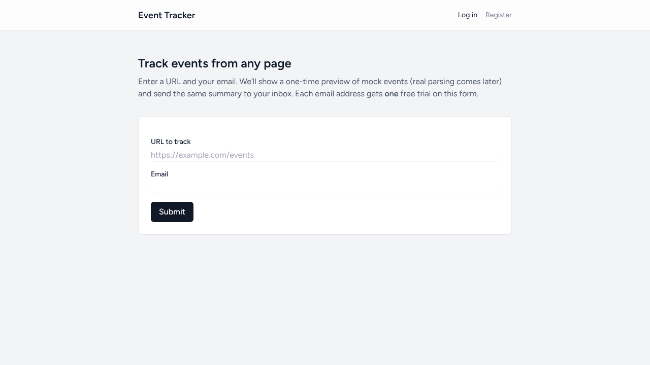 Event Tracker website screenshot
