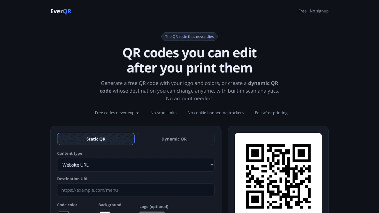 EverQR: Edit QR codes after printing website screenshot