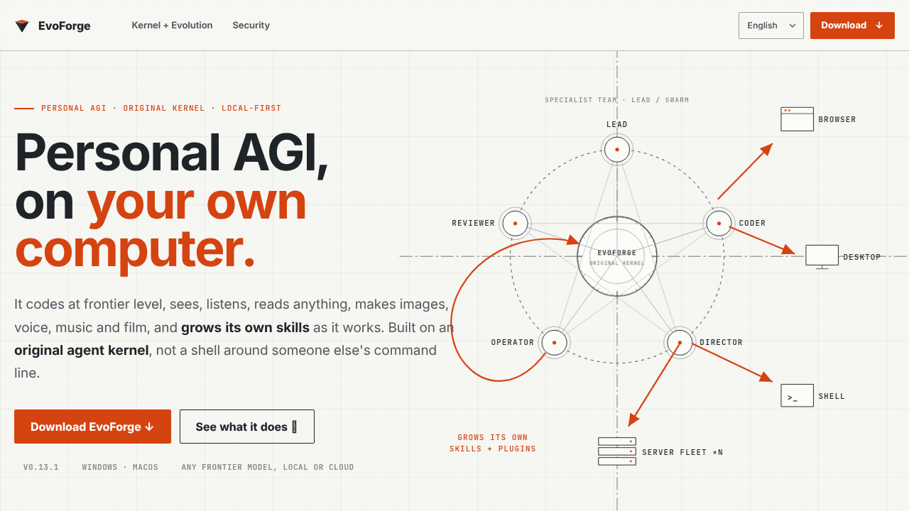 EvoForge — Personal AGI on your computer website screenshot