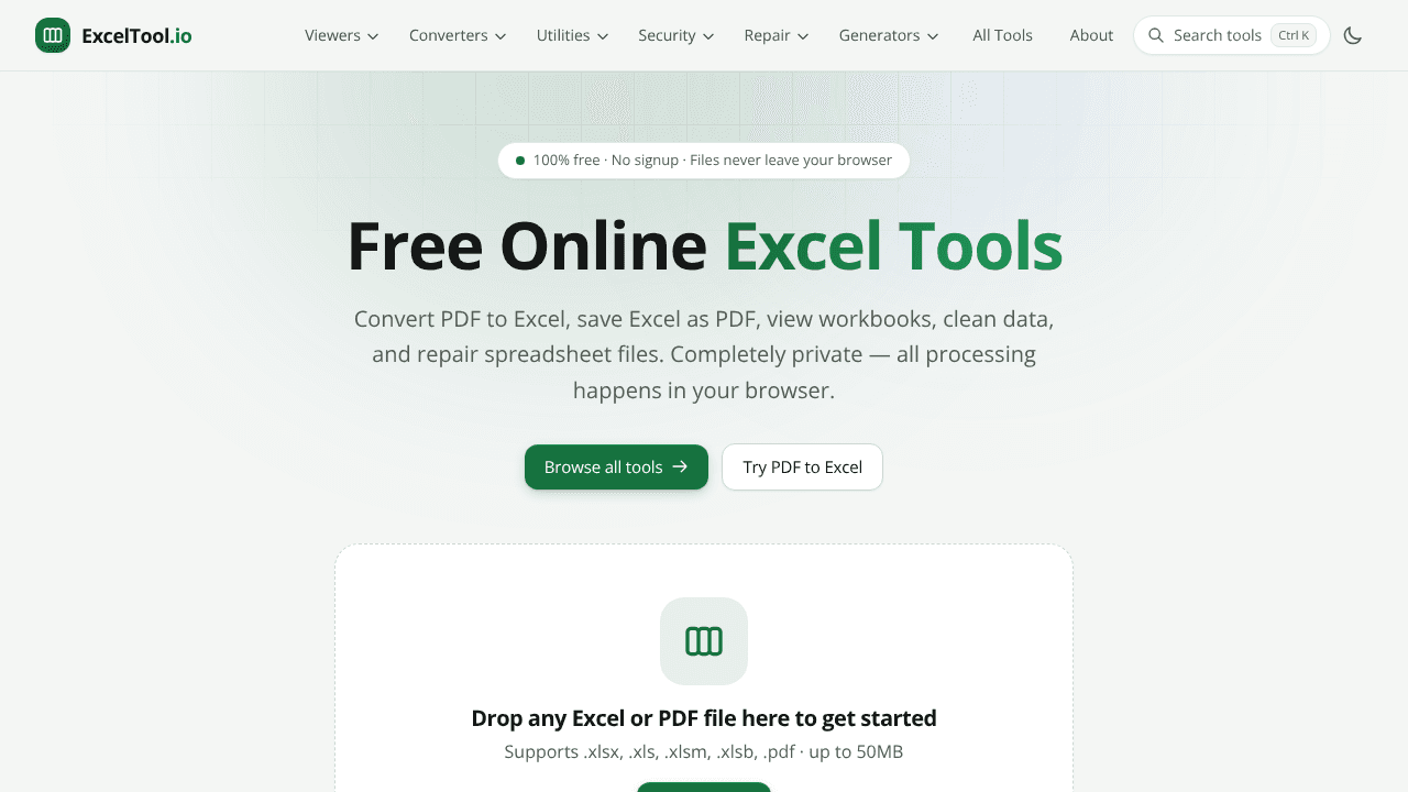 ExcelTool.io website screenshot