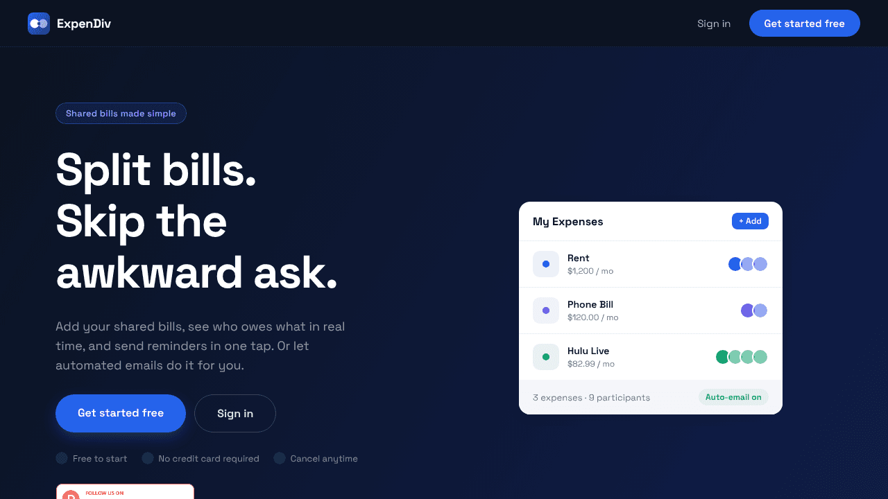 ExpenDiv - Stop chasing people for money website screenshot