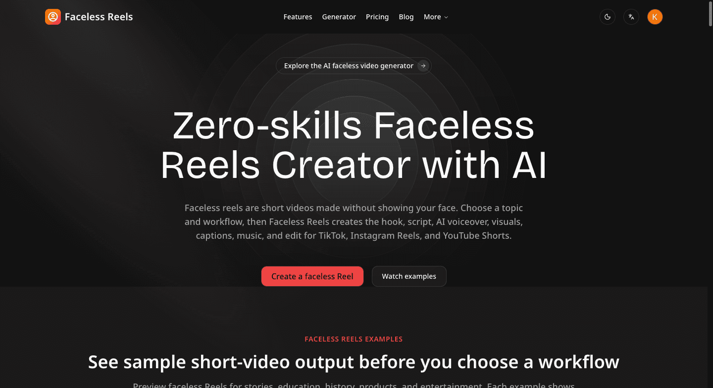 Faceless Reels website screenshot