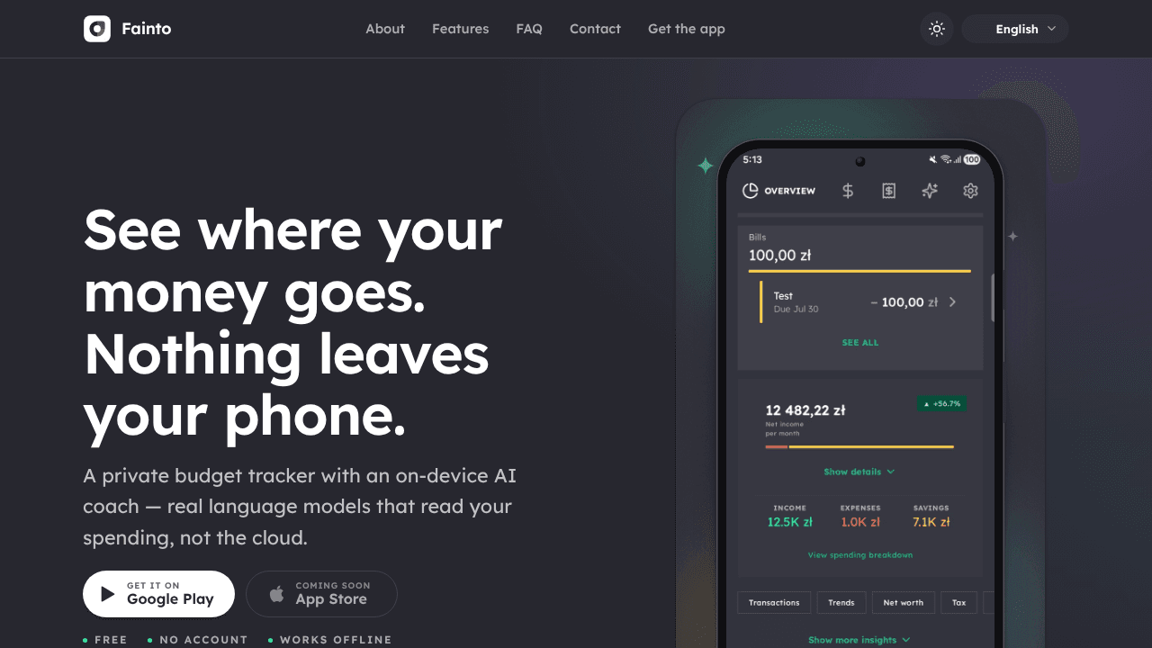 Fainto: Private Budget Tracker website screenshot