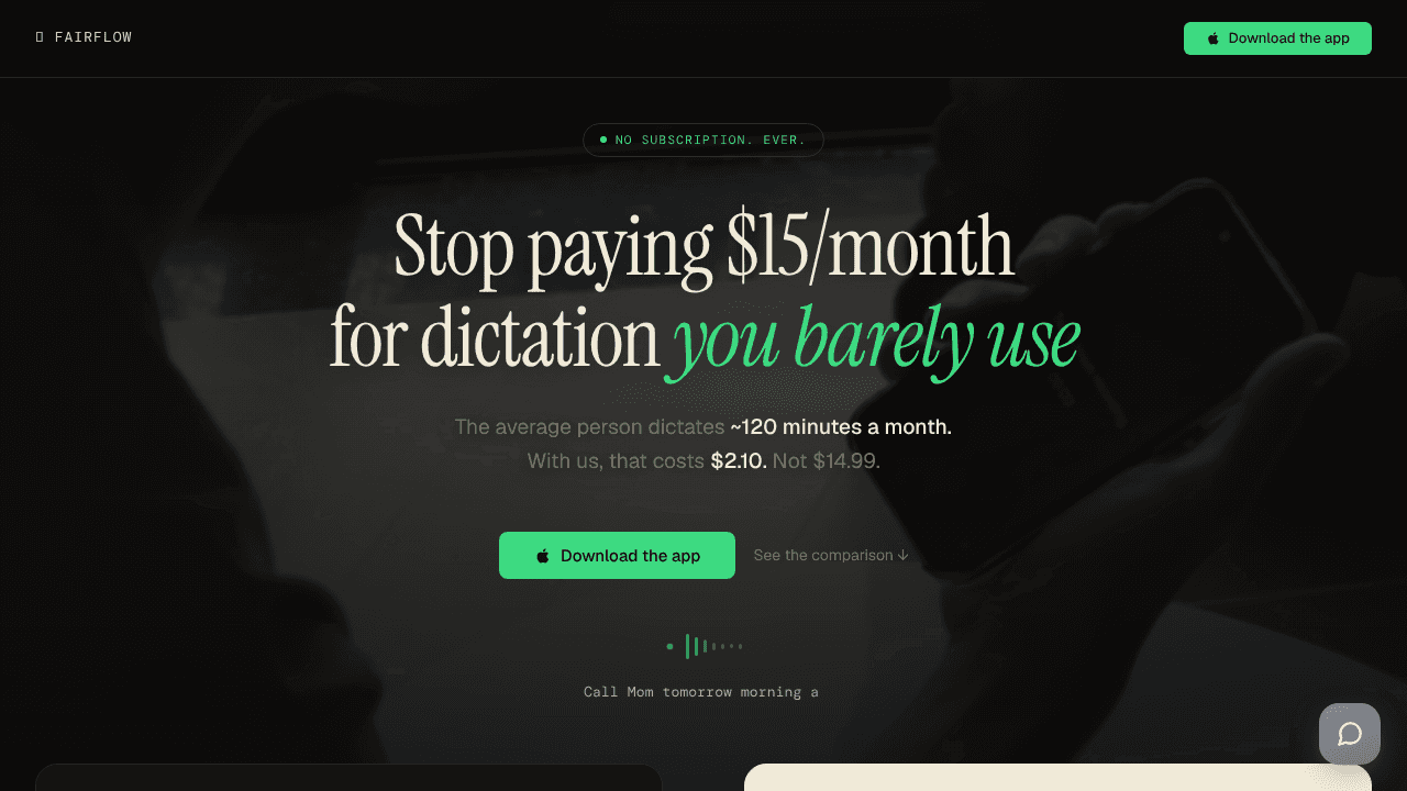 FairFlow – pay for minutes dictation app website screenshot