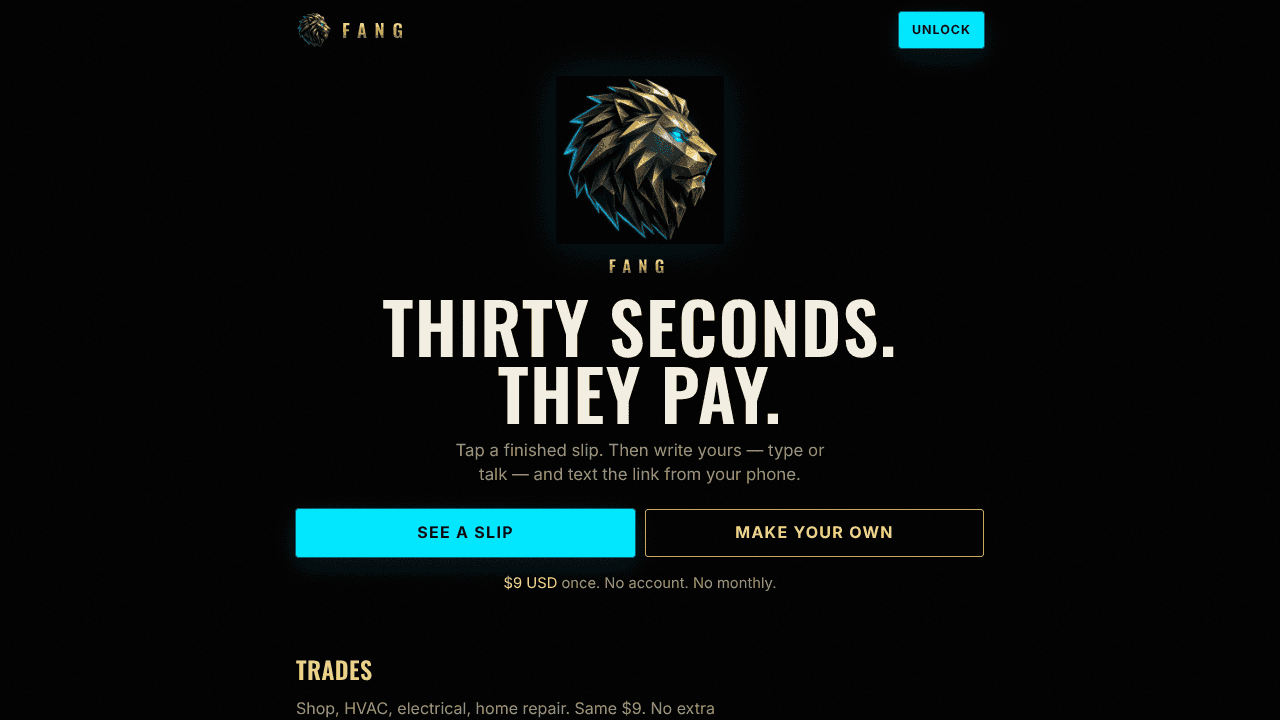 Fang website screenshot