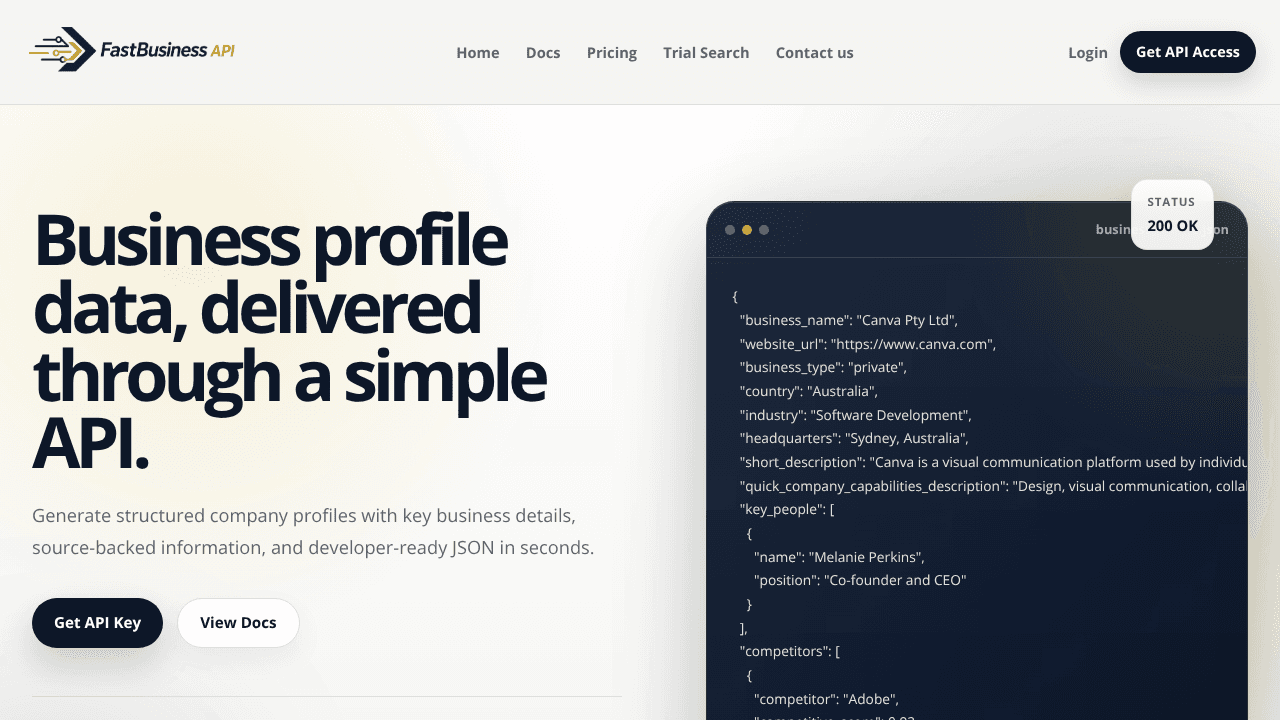 FastBusiness API website screenshot