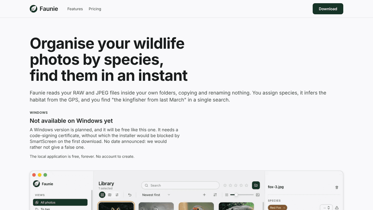 Faunie website screenshot