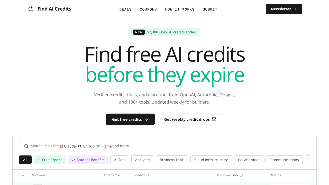 Find AI Credits website screenshot