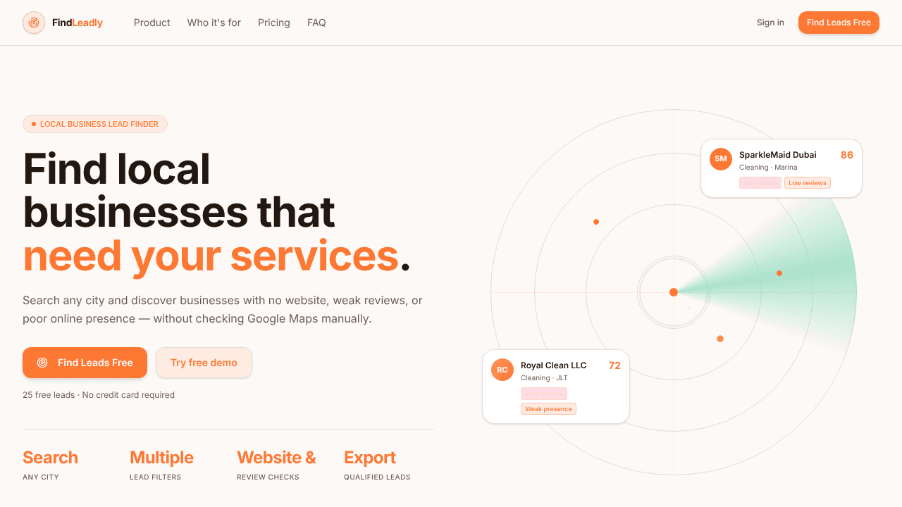 FindLeadly website screenshot