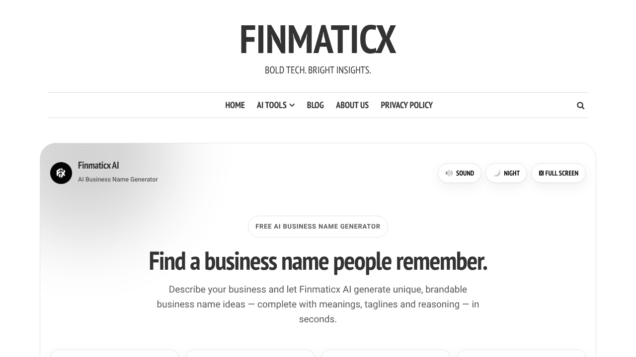 Finmaticx AI Business Name Generator website screenshot