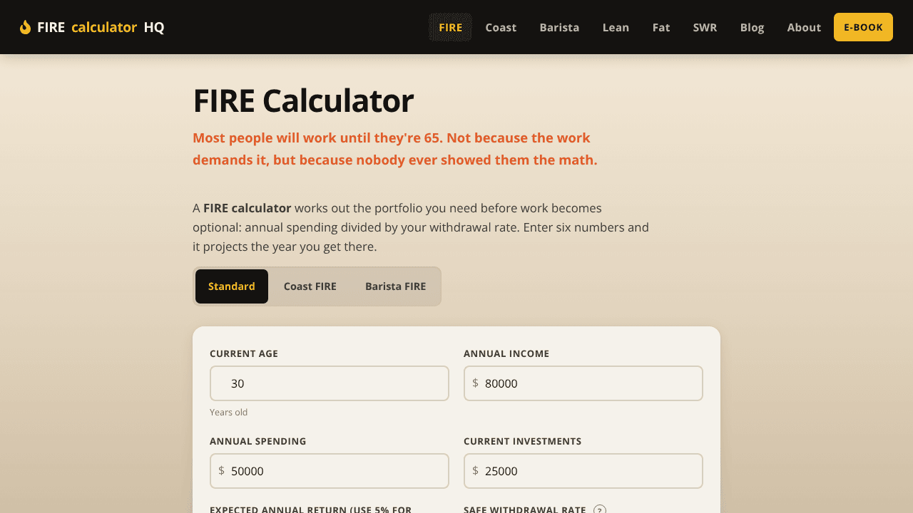 FIRECalculatorHQ website screenshot