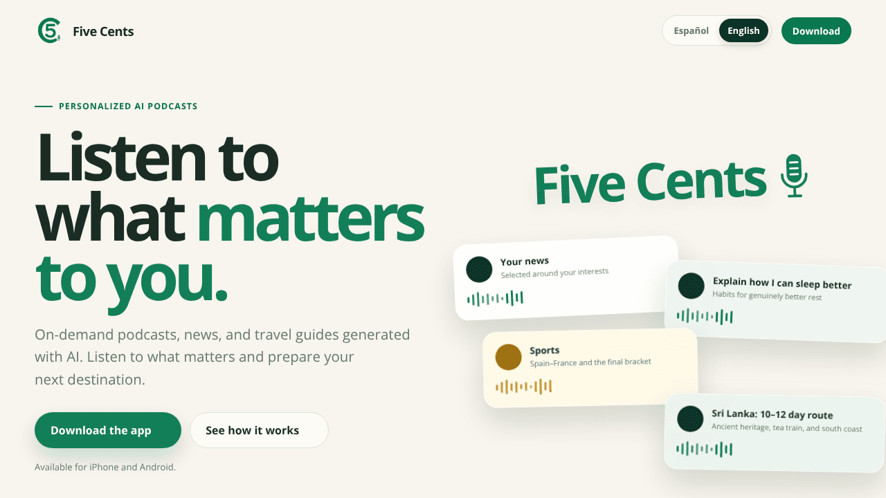 Five Cents · Personalized AI podcasts website screenshot