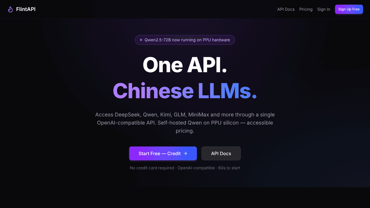 FlintAPI — One API for All Chinese LLMs website screenshot