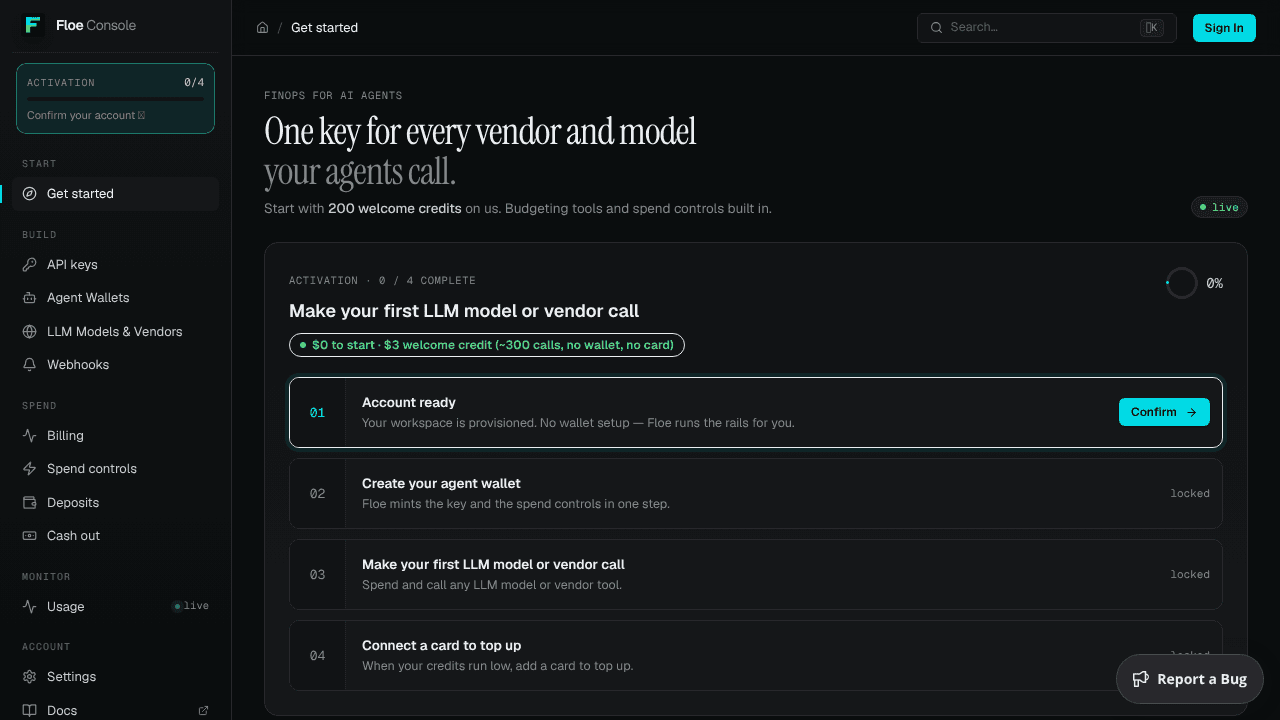 Floe spend controls for voice AI agents website screenshot
