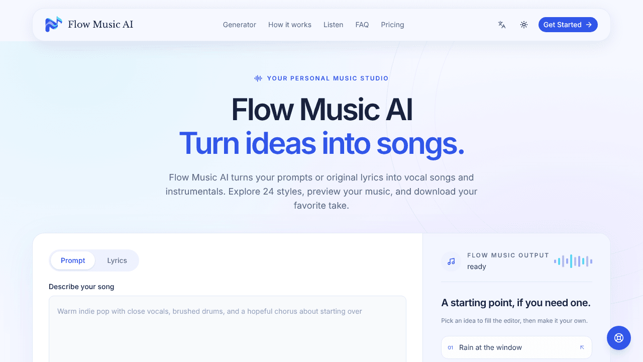 Flow Music AI website screenshot