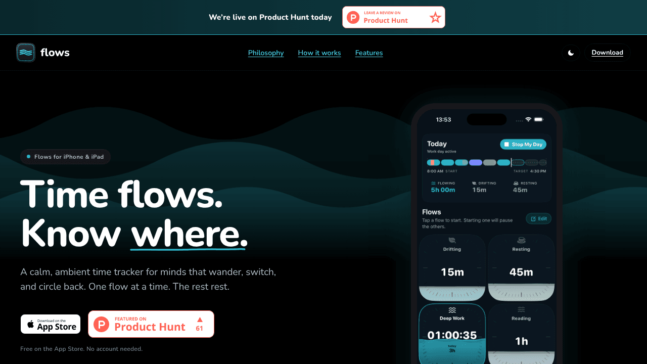 Flows · Time Tracker website screenshot