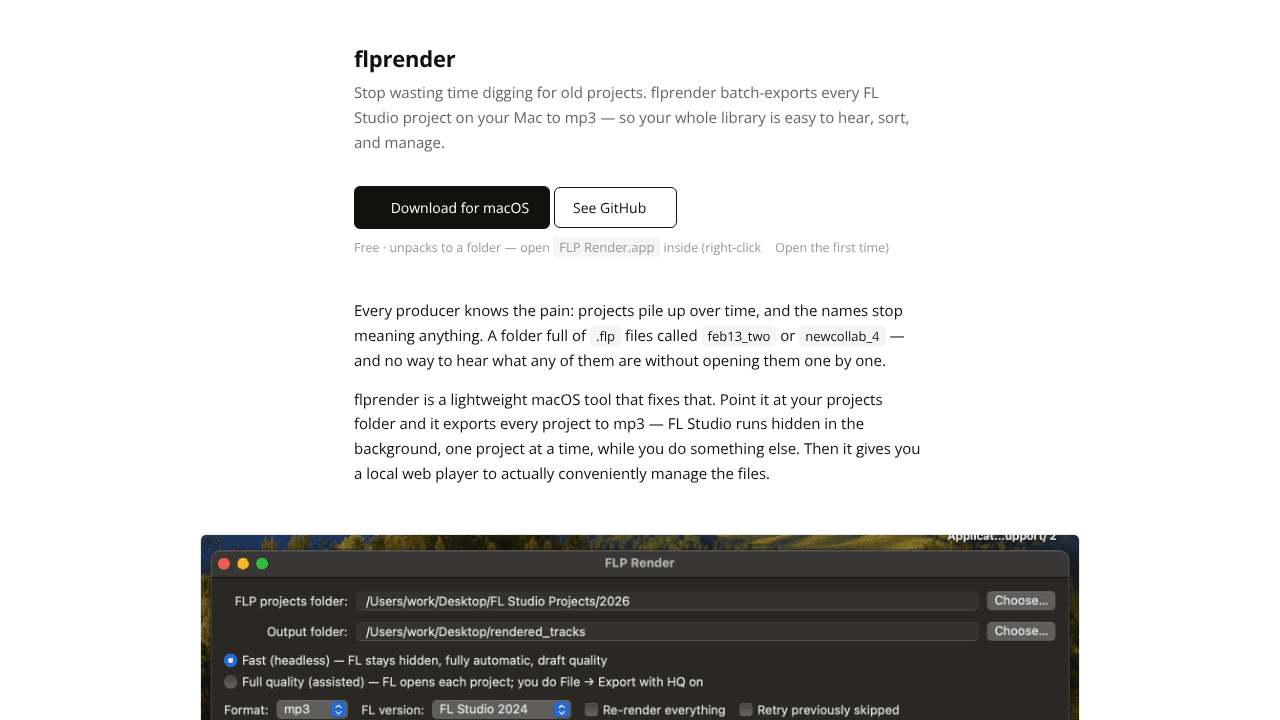 flprender — batch export FLPs to mp3s website screenshot
