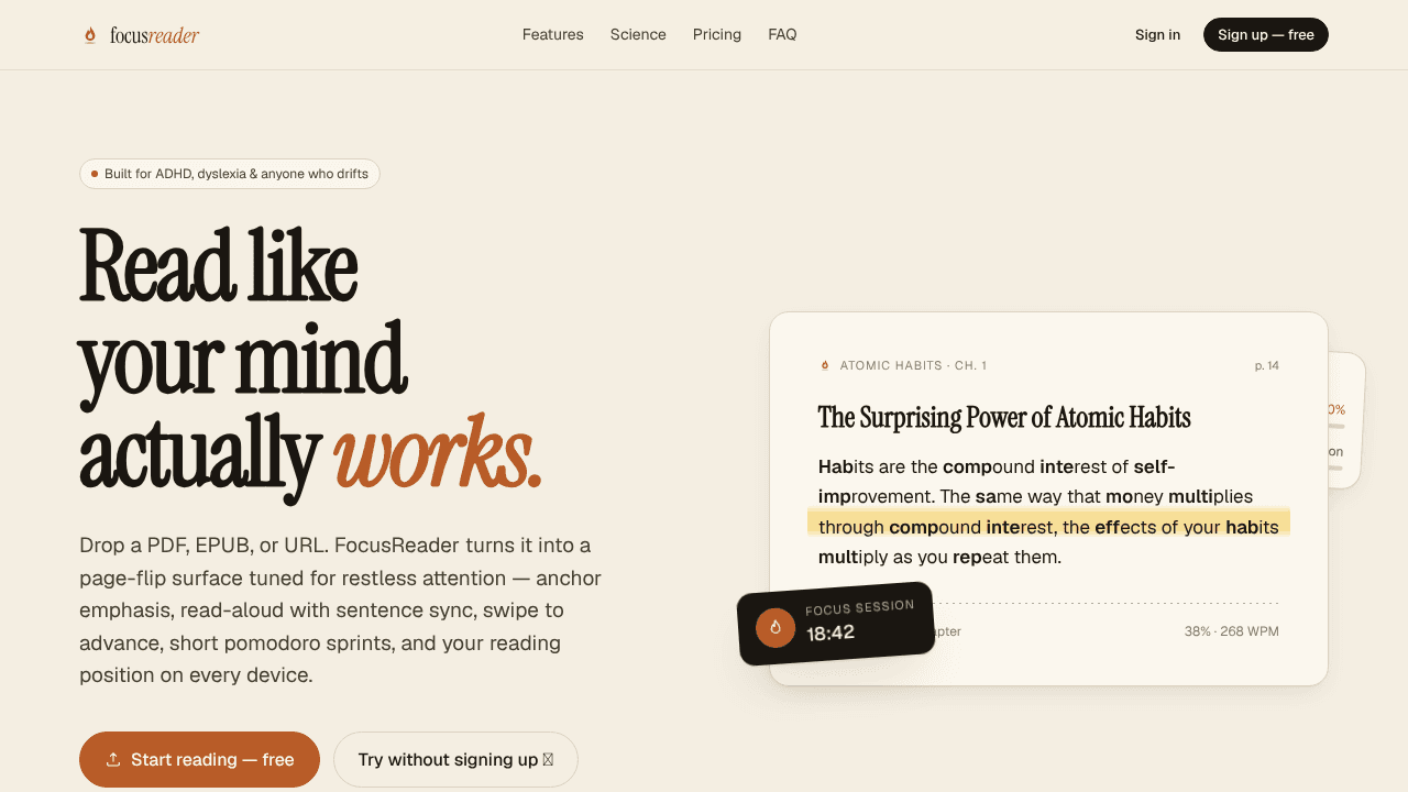 FocusReader website screenshot
