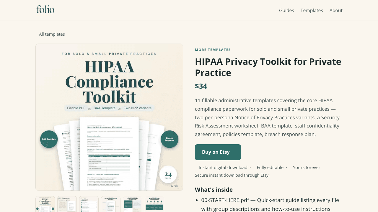 Folio HIPAA Compliance & Privacy Toolkit website screenshot