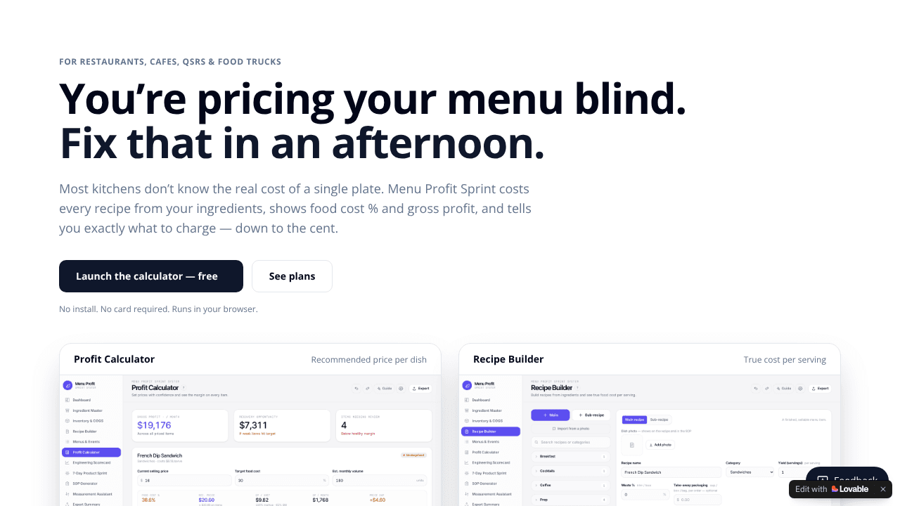 Food Cost Calculator: Menu Profit Sprint website screenshot