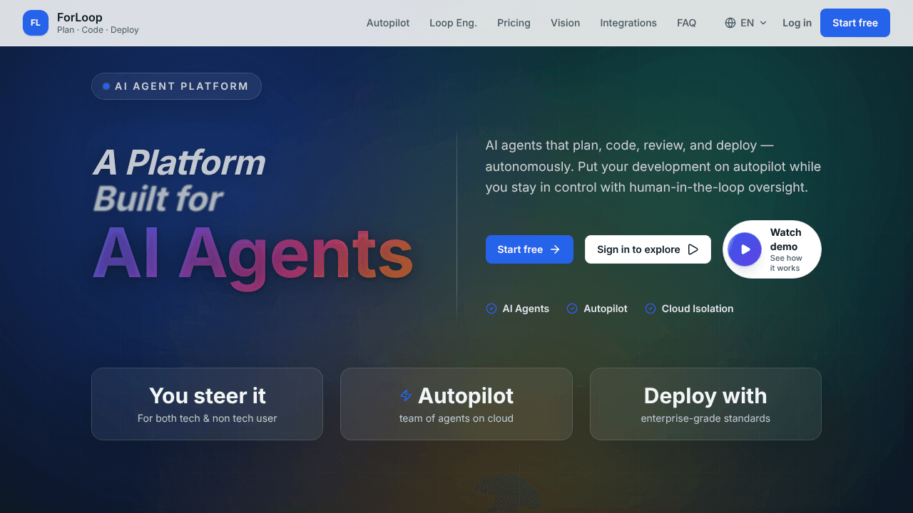 ForLoop AI powered development Platform website screenshot