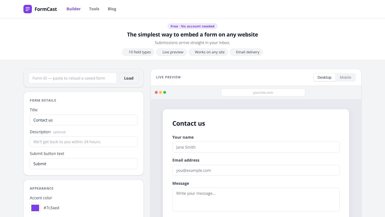 FormCast — Forms without accounts website screenshot