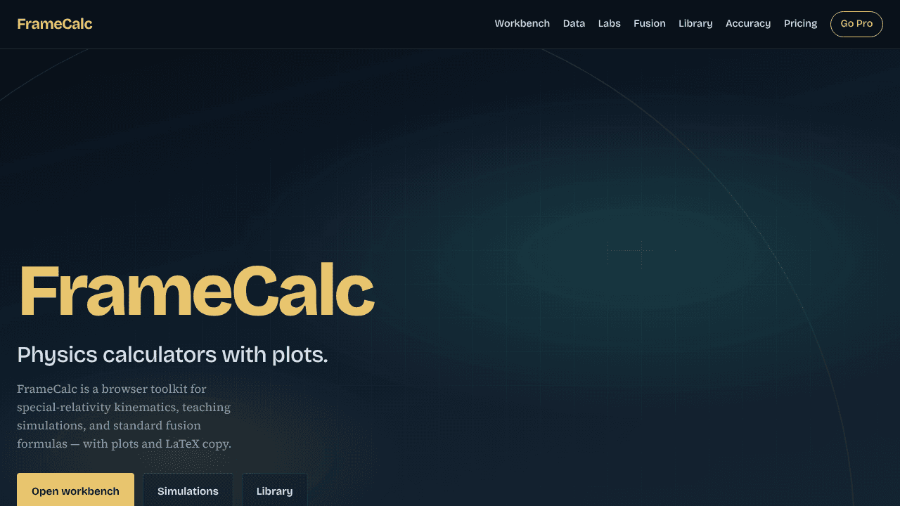 FrameCalc - physics compute with plots website screenshot