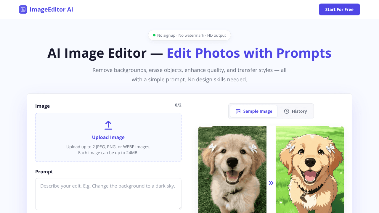 Free AI Image Editor Online -ImageEditor website screenshot