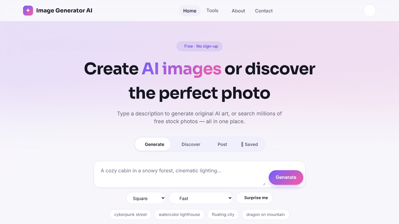 Free AI image generator website screenshot