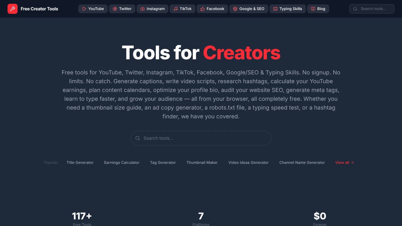 Free Creator Tools website screenshot