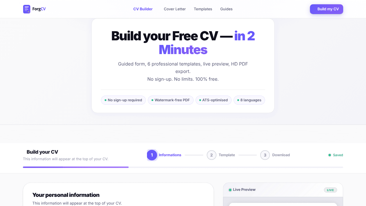 Free CV Builder in 2 Minutes website screenshot