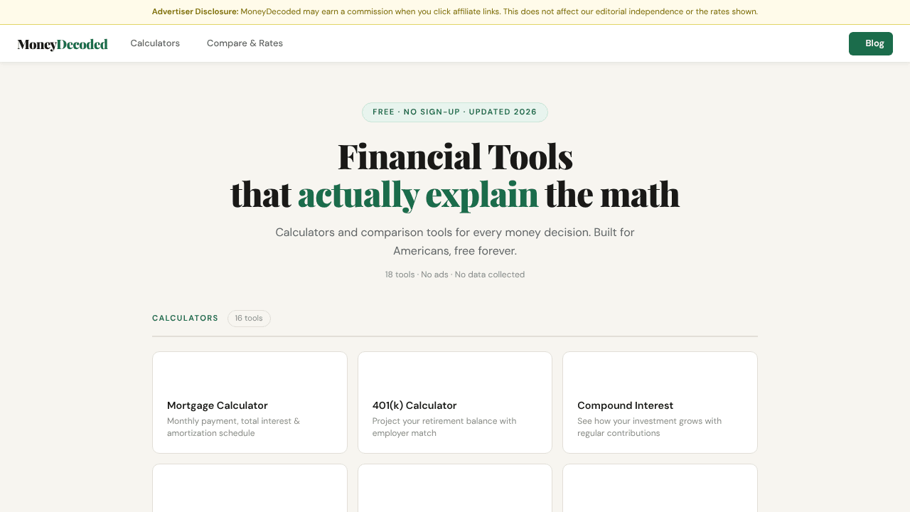 Free Financial Tools — MoneyDecoded website screenshot