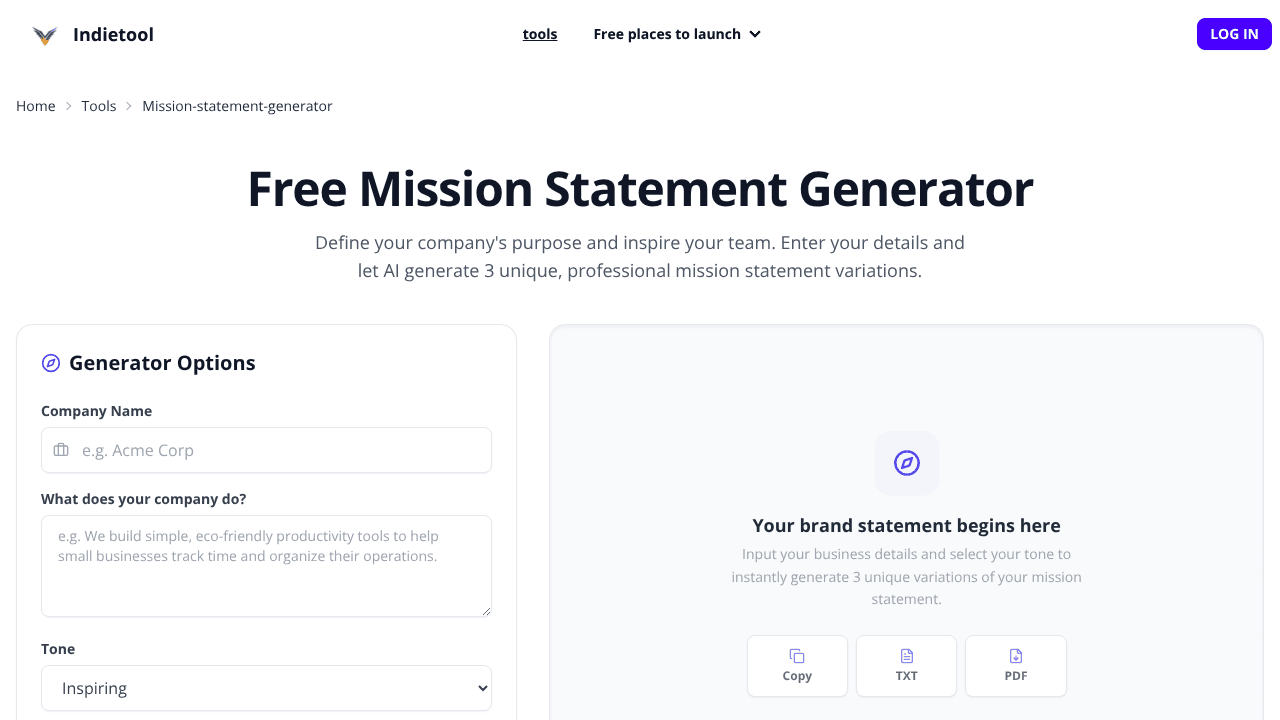 Free Mission Statement Generator website screenshot