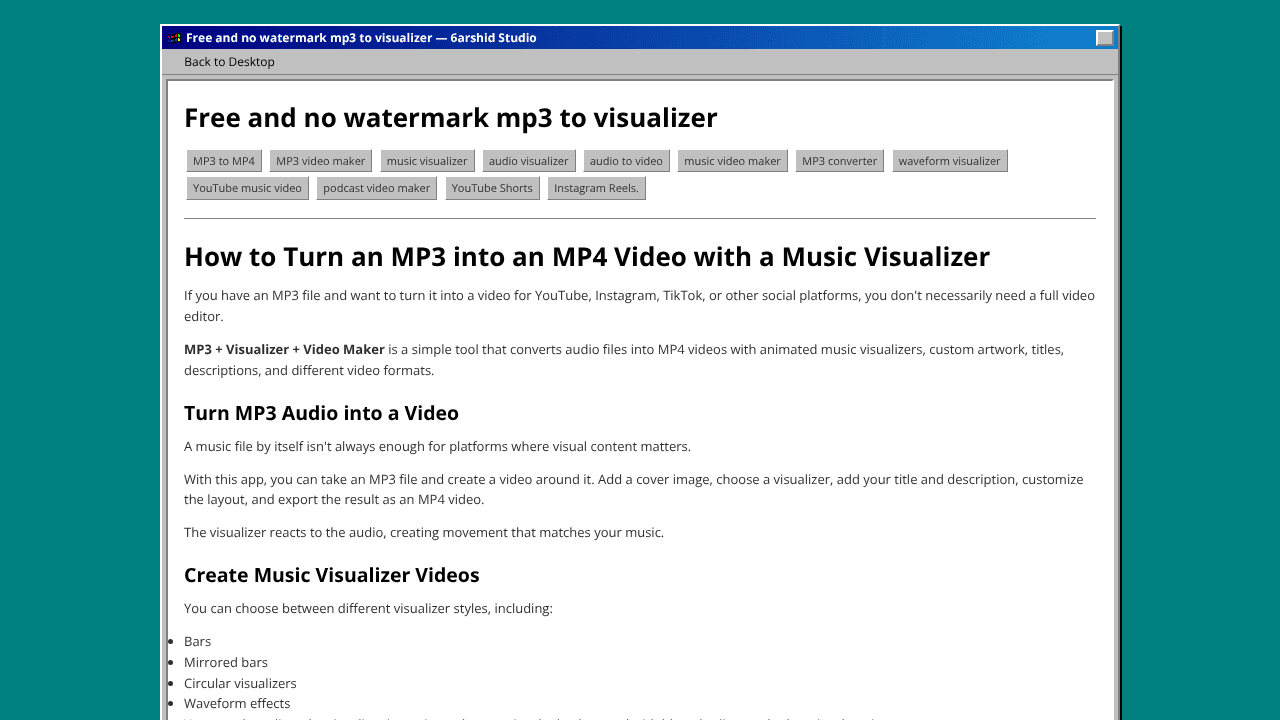 Free MP3 to MP4 Video Maker Visualizers website screenshot